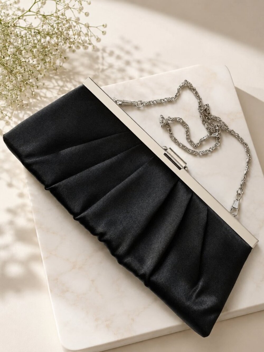 Classic Black Pleated Satin Clutch Bag